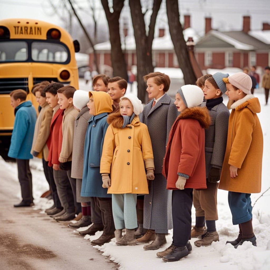 1950s Schoolyard Bus Line in Winter