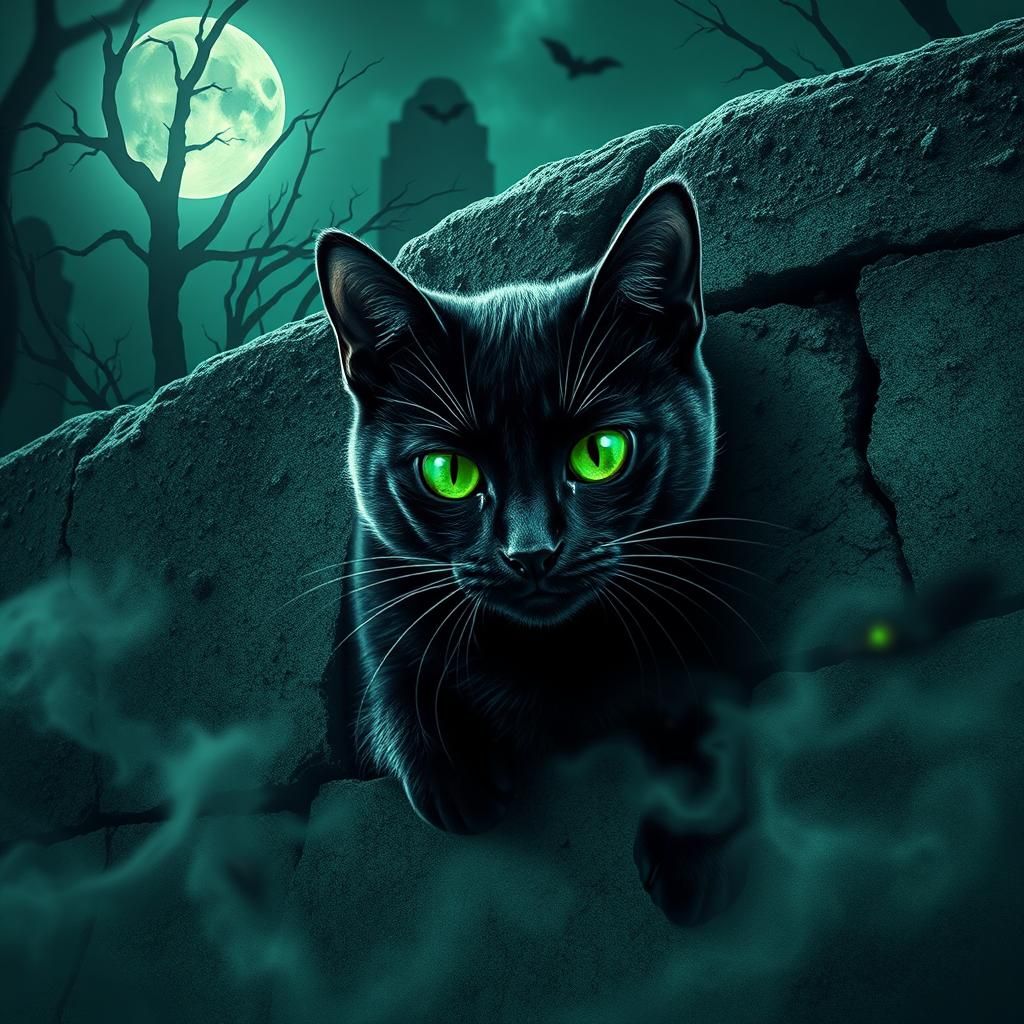 Black Cat on Stone Wall Under Full Moon