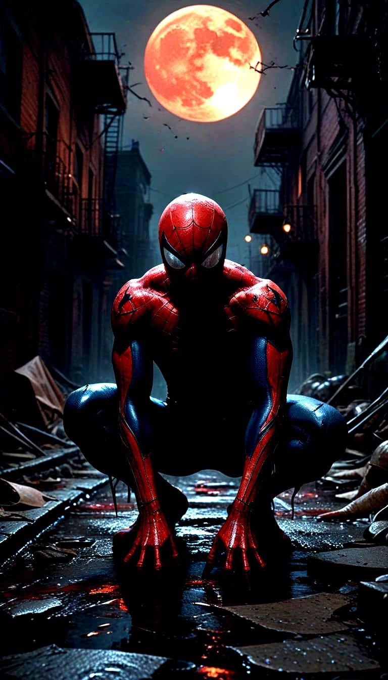 Sinister Spider-Man in Derelict Alley, Hyperrealistic Action...