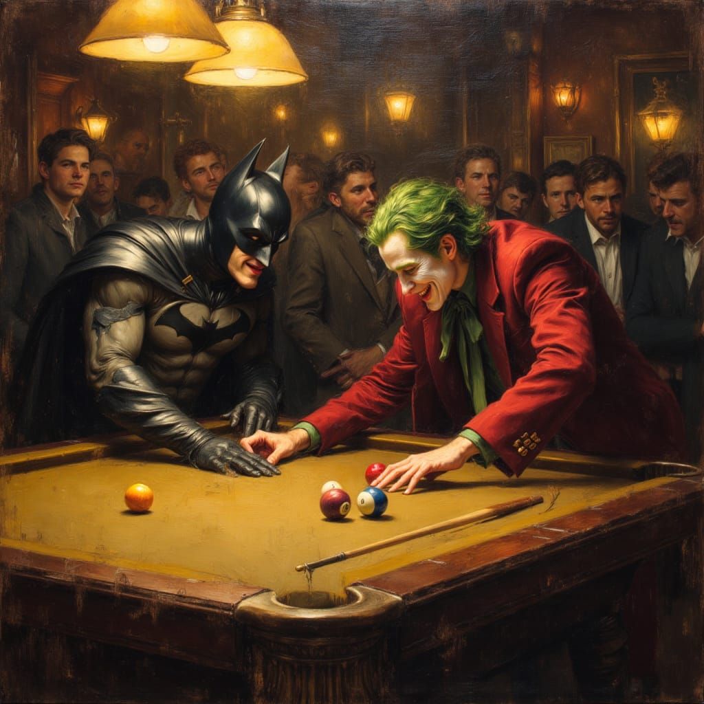 Batman & Joker Share Laughs in Pool Hall Oil Painting