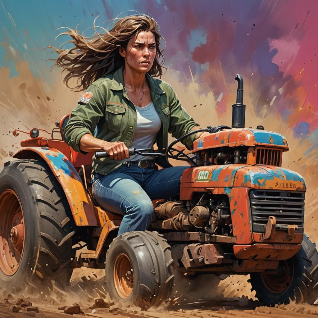 Muscular Woman Driving Tiny Tractor: Hyperrealistic Splash A...
