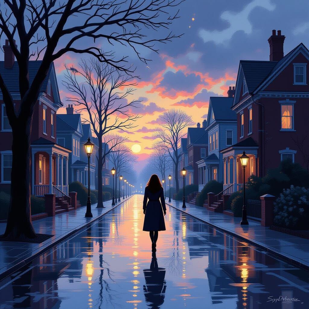 Serene Woman Walks a Quiet Street at Dusk