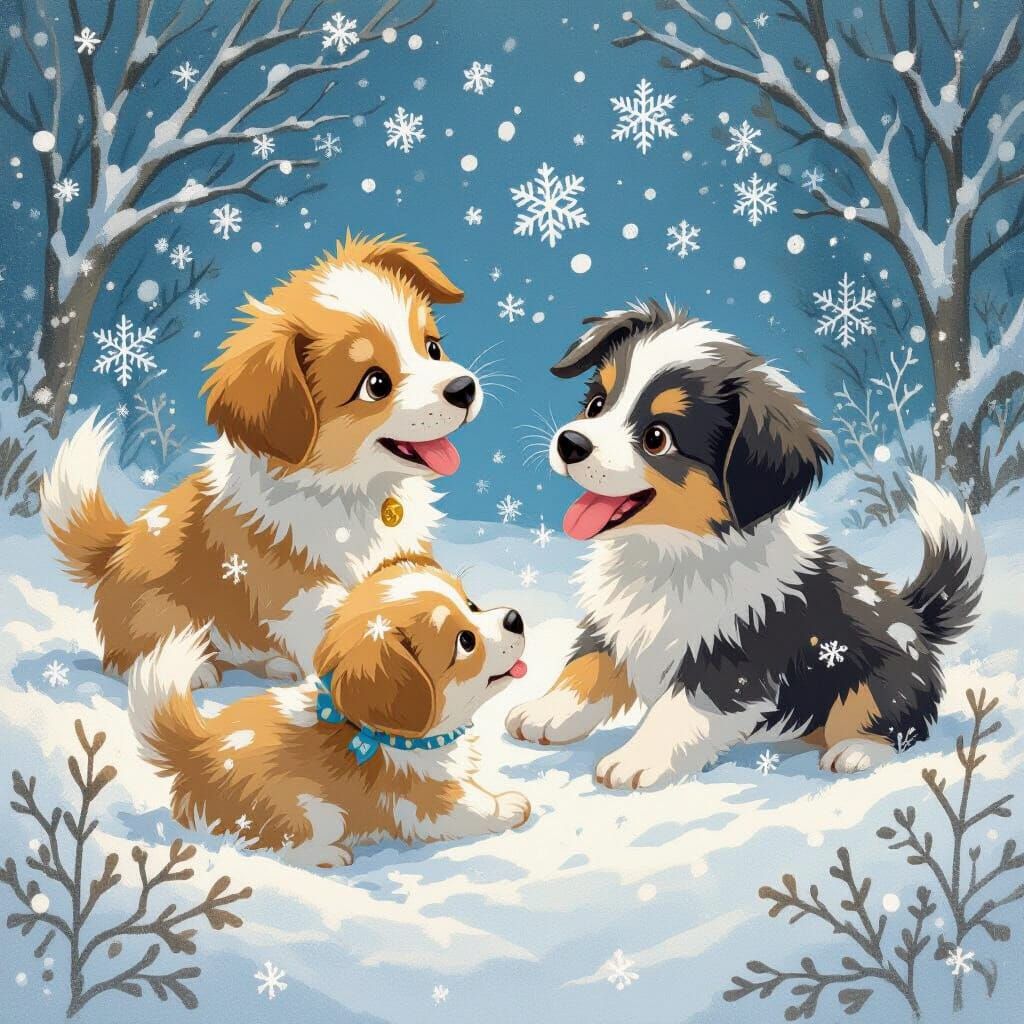 Puppies in a Winter Wonderland, Storybook Illustration