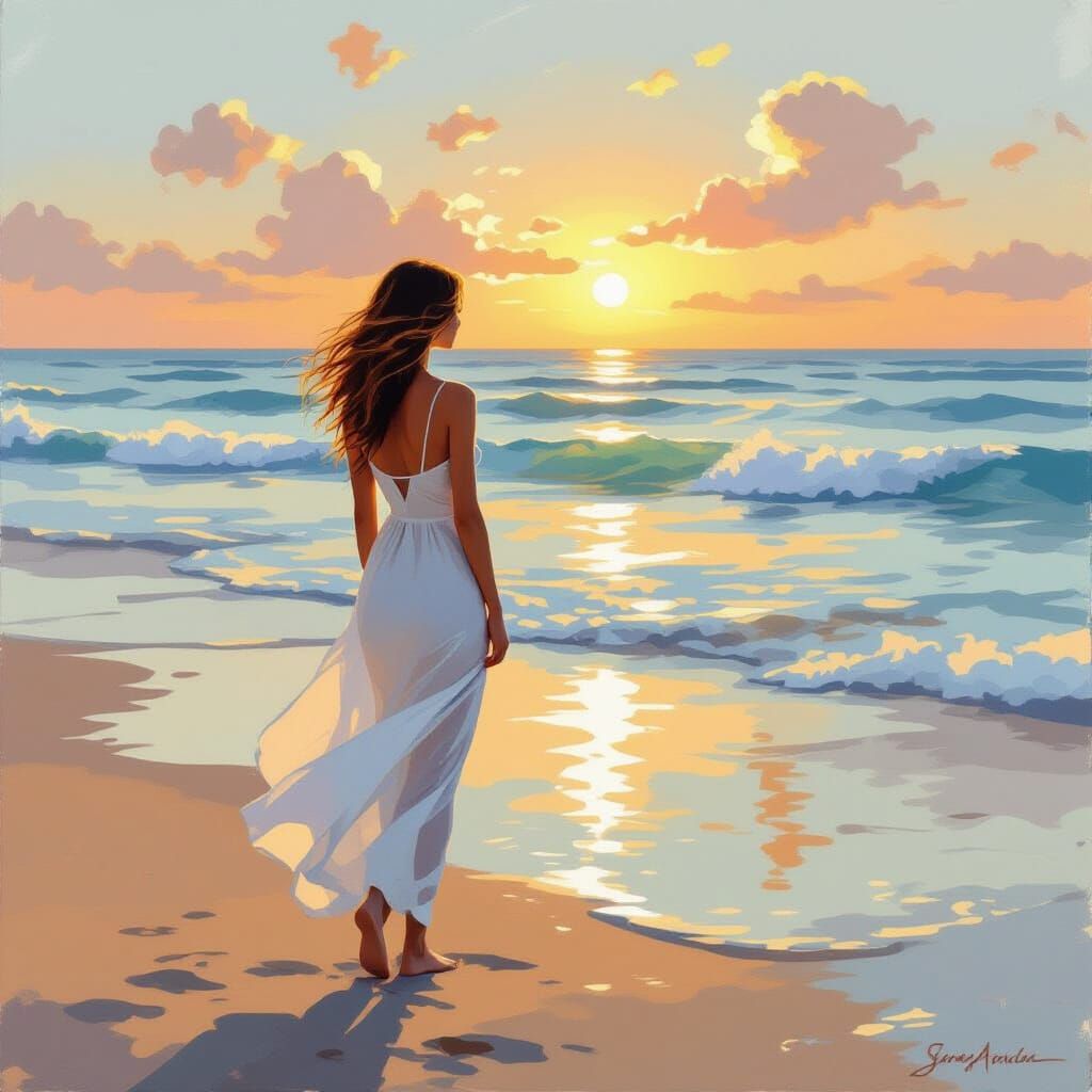 Woman in White Dress on Blue Beach at Golden Hour