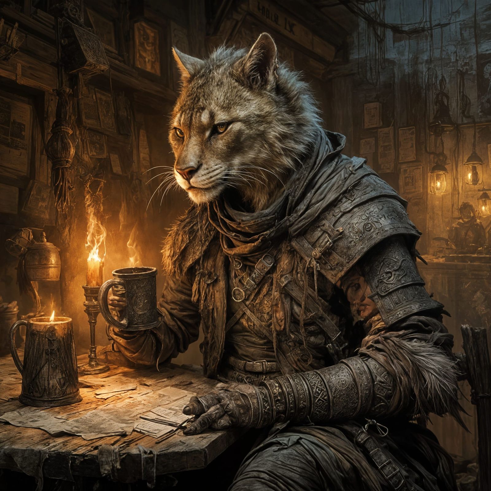 Khajiit Warrior in Dim Tavern, Digital Art