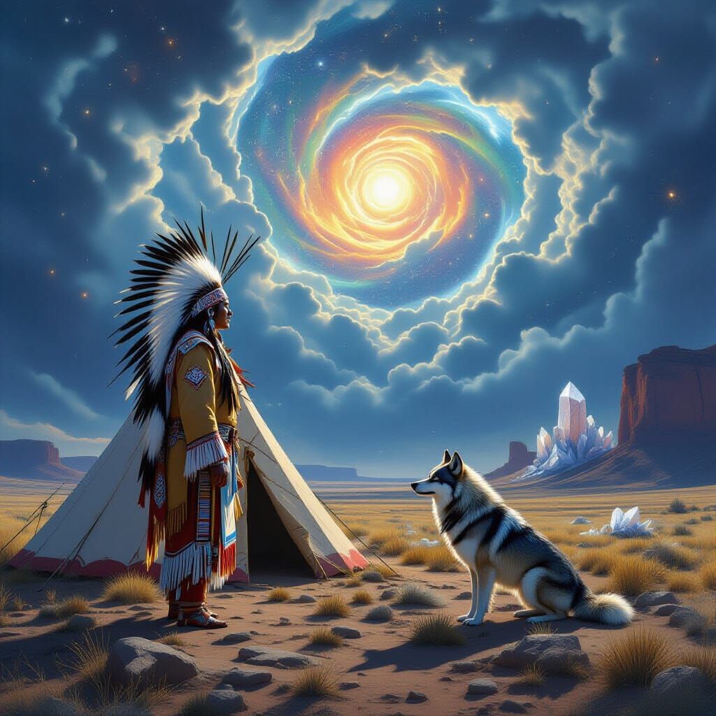 Native American Chief and Wolf Under Cosmic Sky