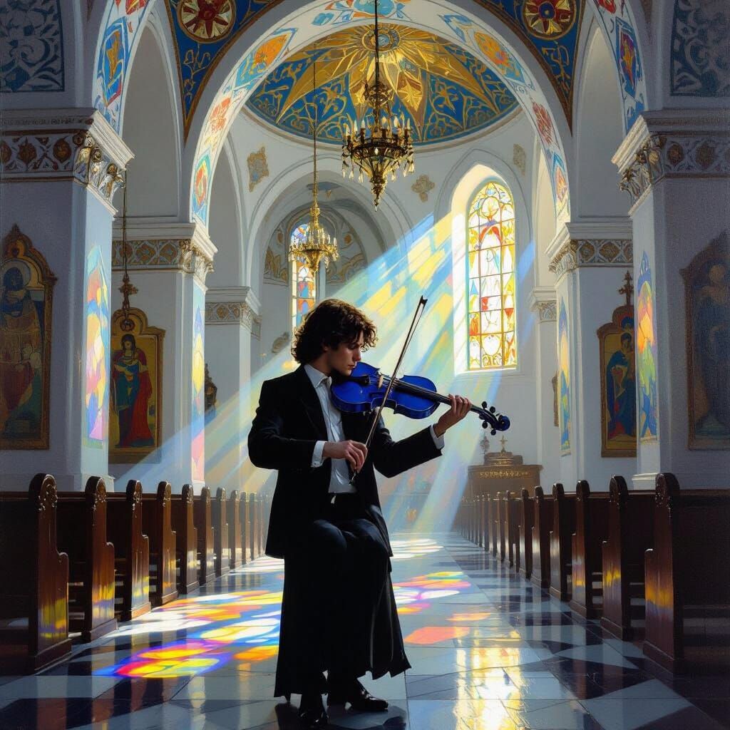 Young Man Plays Blue Violin in Sunlit Orthodox Church