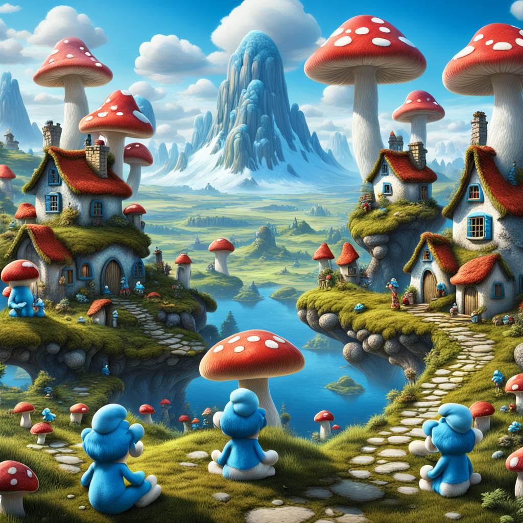 Enchanting Smurf Village in Mushroom Landscape