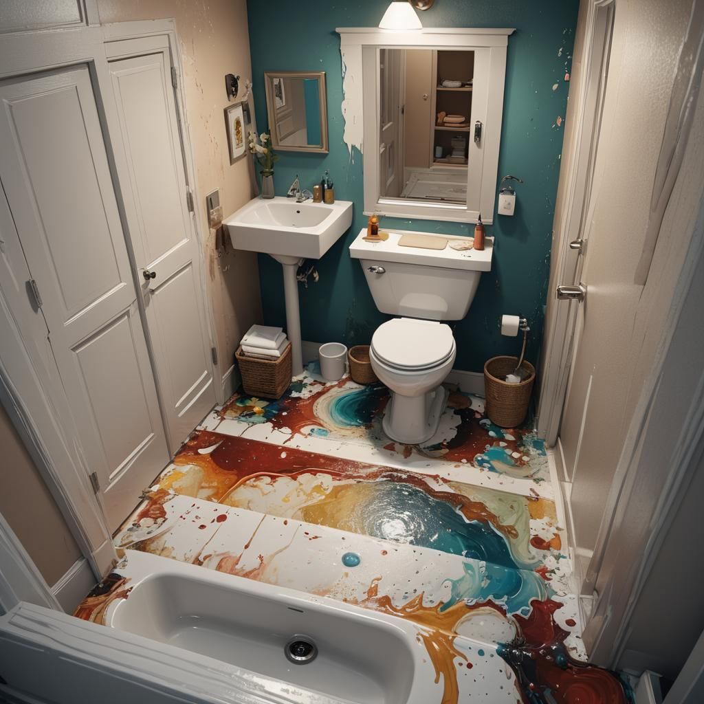 Hyperrealistic Bathroom with Toilet on Stairs: Splash Art