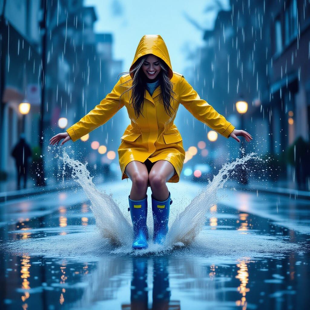 Woman Splashing in Rain Puddle: Photorealistic Style