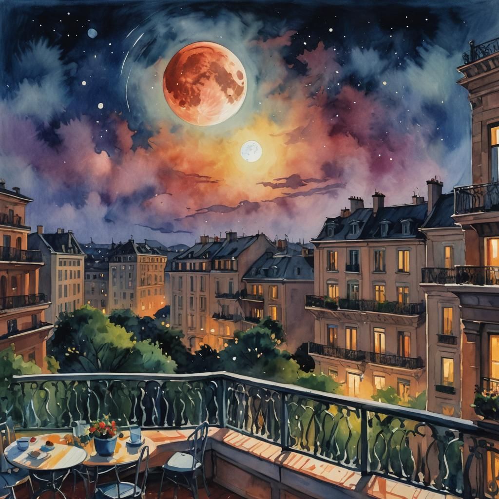 Lunar Eclipse Balcony View as Impasto Gouache