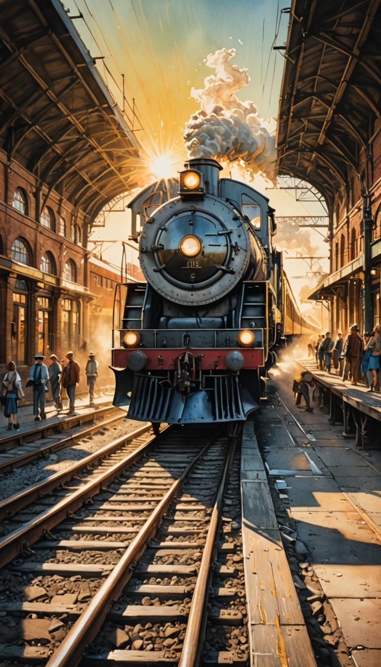 A model based on pencil and water color drawn sketches of a long train in a station, the sun is shining, retro vintage s...