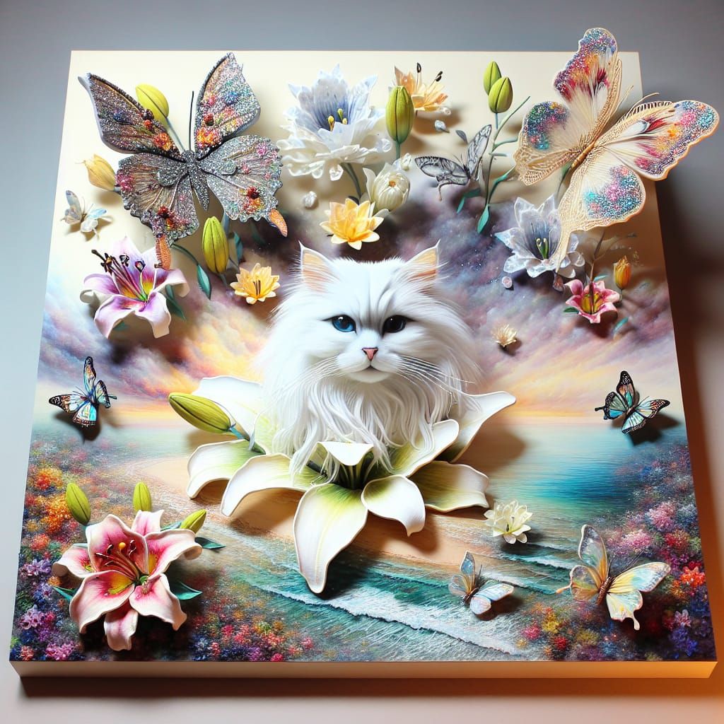 Cat in Lily Blossom Watercolor Landscape 3D Art