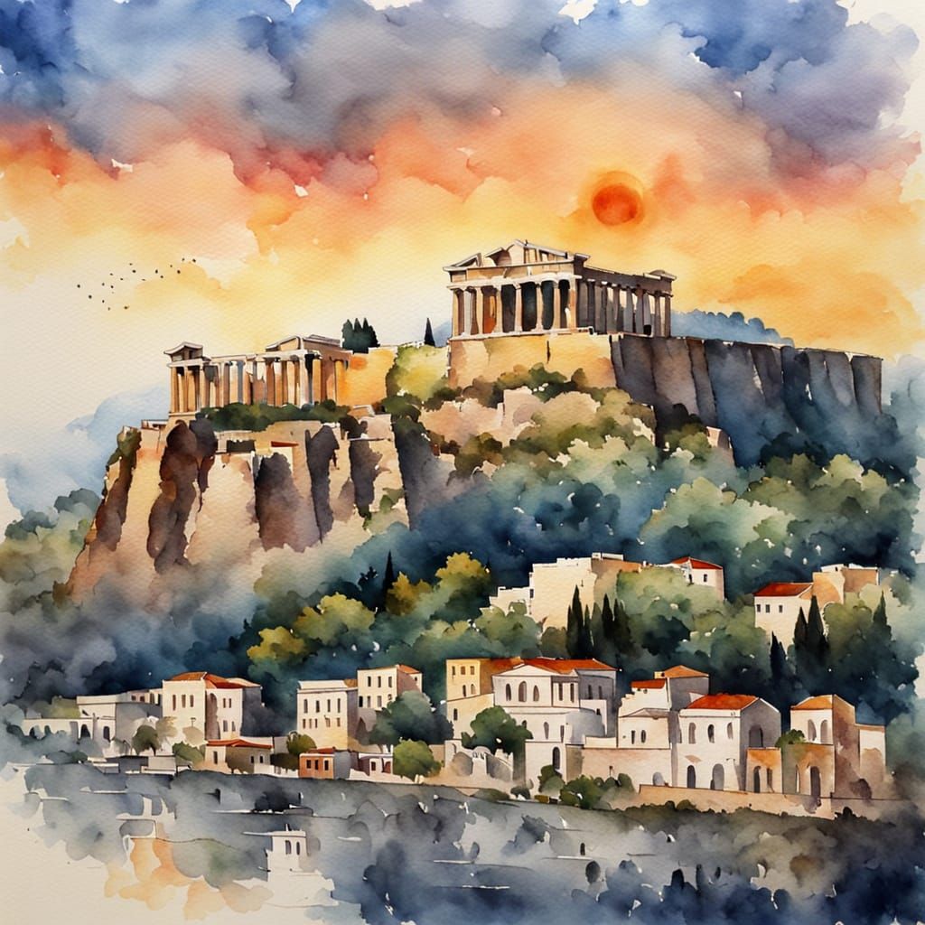 Majestic Sunset Over Acropolis In Watercolor Style