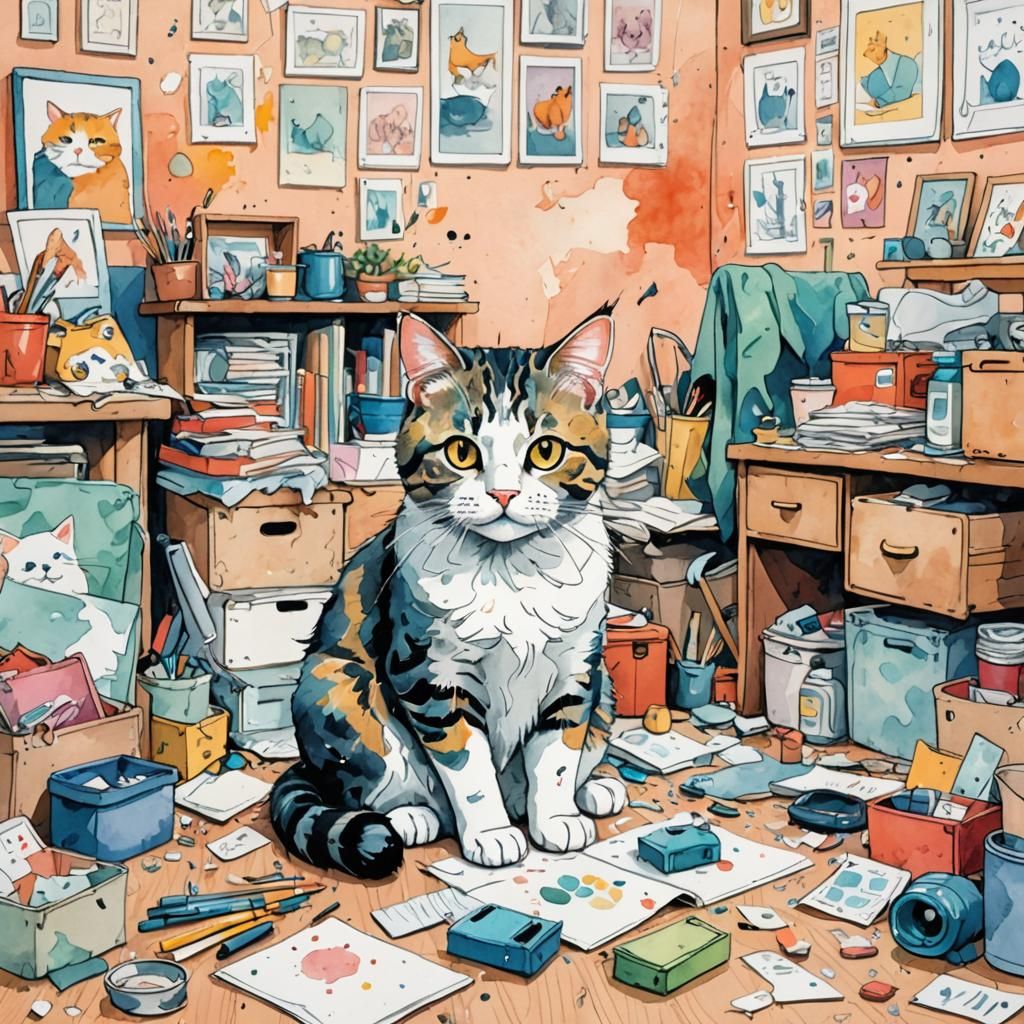 Realistic Cat in Messy Room: Watercolor Illustration