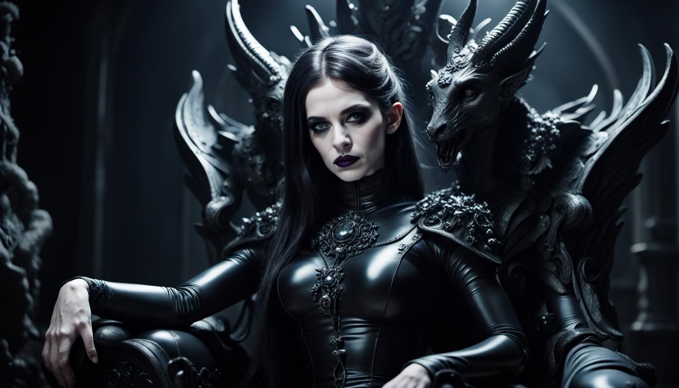 Goddess Barbara Stewart is an omnipotent Gothic Castratrix wearing latex on a throne of zeolite flanked by manticores.