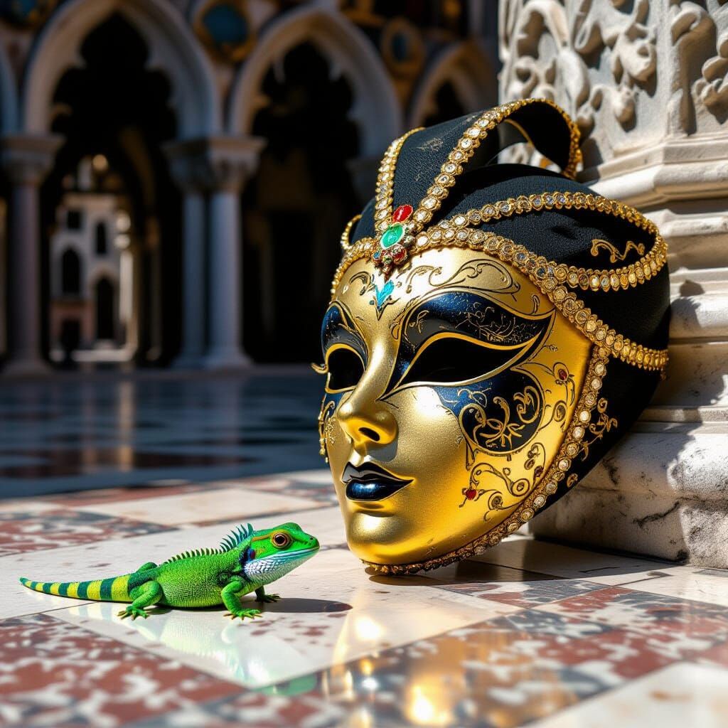 A small green lizard crawling across a black and gold Veneti...