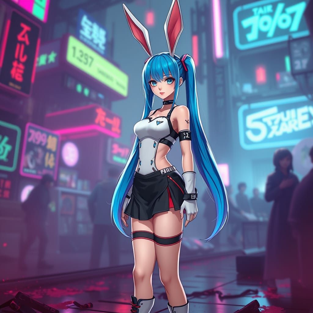 Cyberpunk Girl with Bunny Ears and Vibrant Pigtails