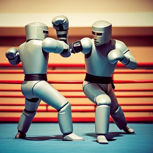 AI Robot Kickboxers Fight in Color Film Photo