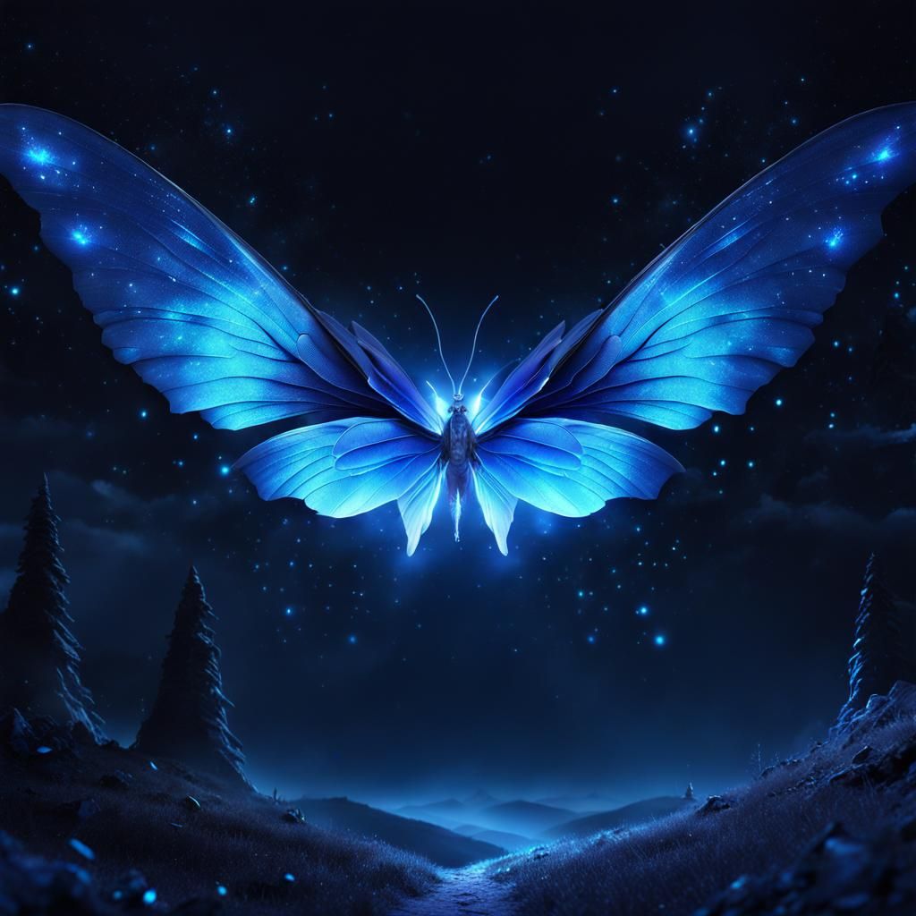 Mystical Blue Butterfly with Sparkling Wings at Night