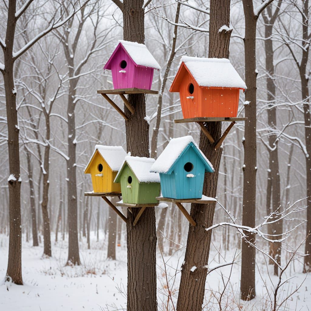 Colorful Birdhouses in a Quiet Winter Forest