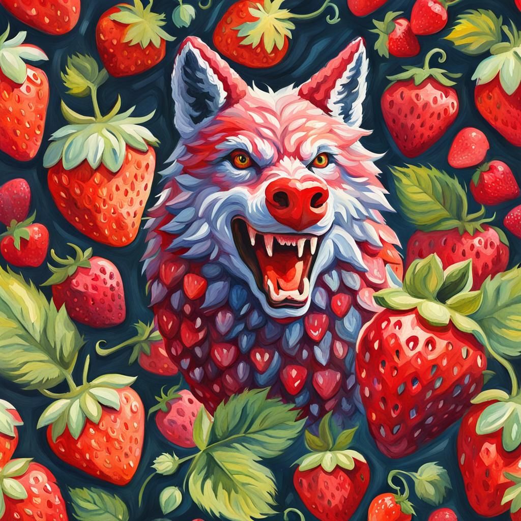 Giant Strawberry Wolf in Gouache Style