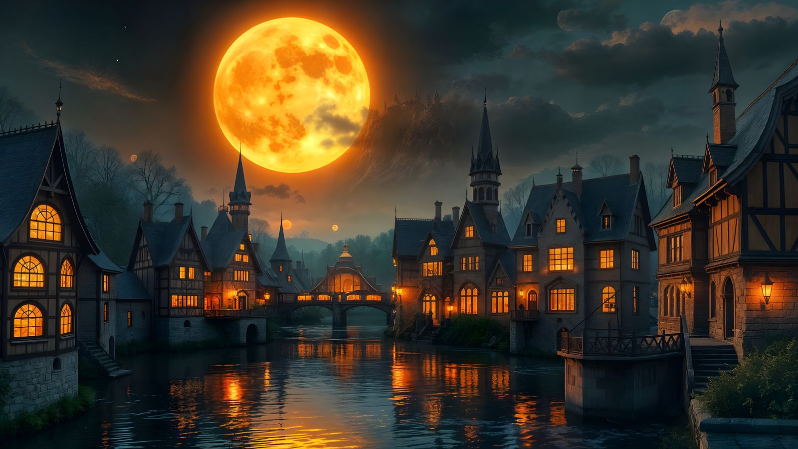 Fantasy Village Under Massive Moon at Twilight