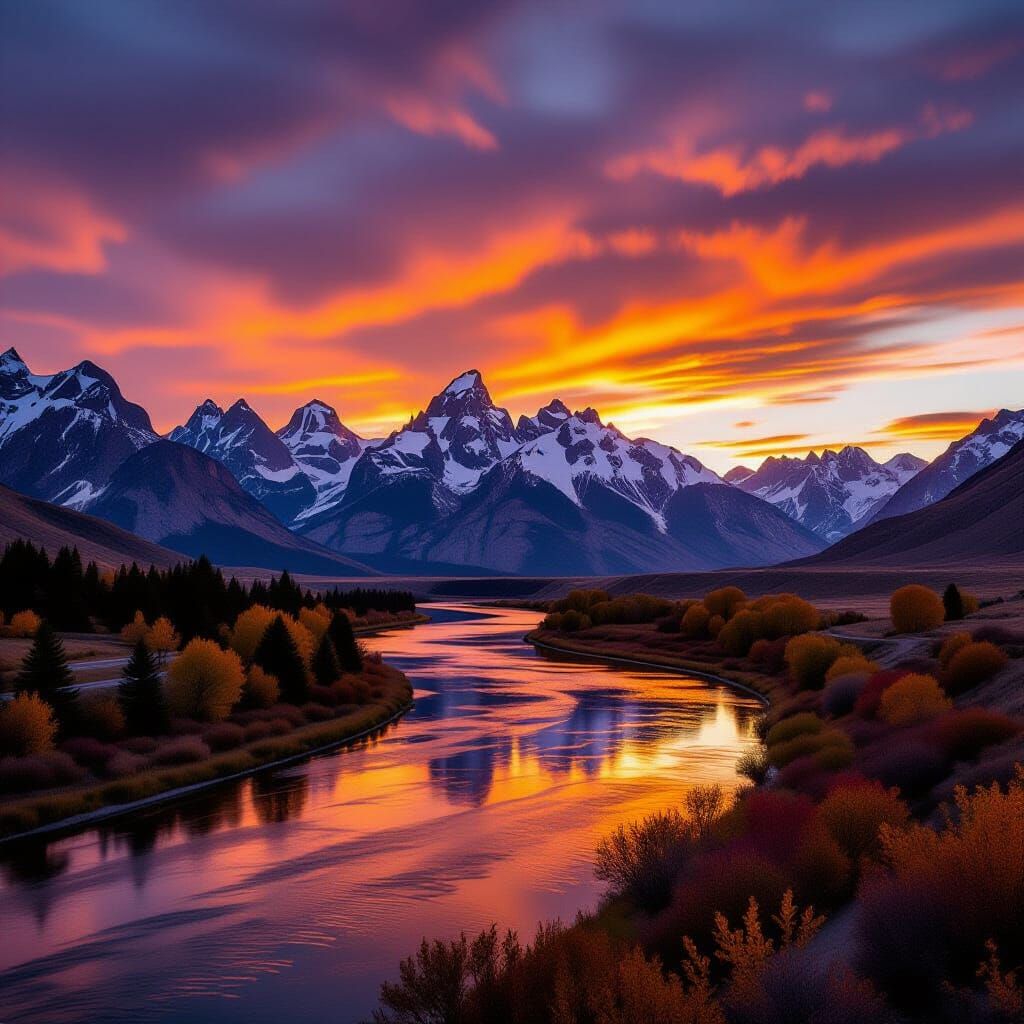 Majestic Mountains At Sunset With Flowing River