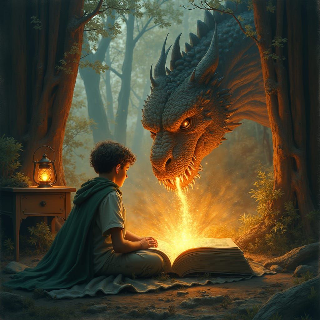 Father and Son's Dragon Adventure in Storybook Style