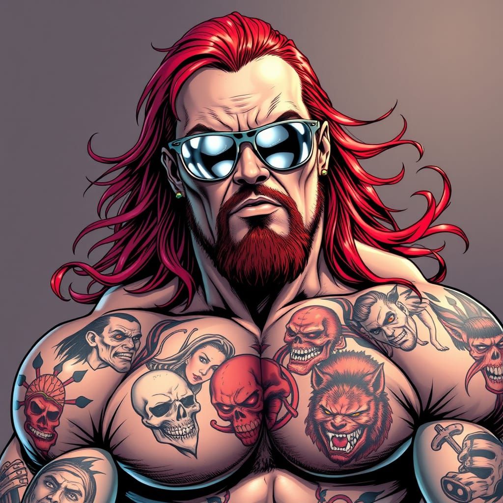 Muscular Wrestler with Seven Deadly Sins Tattoos in Comic Bo...