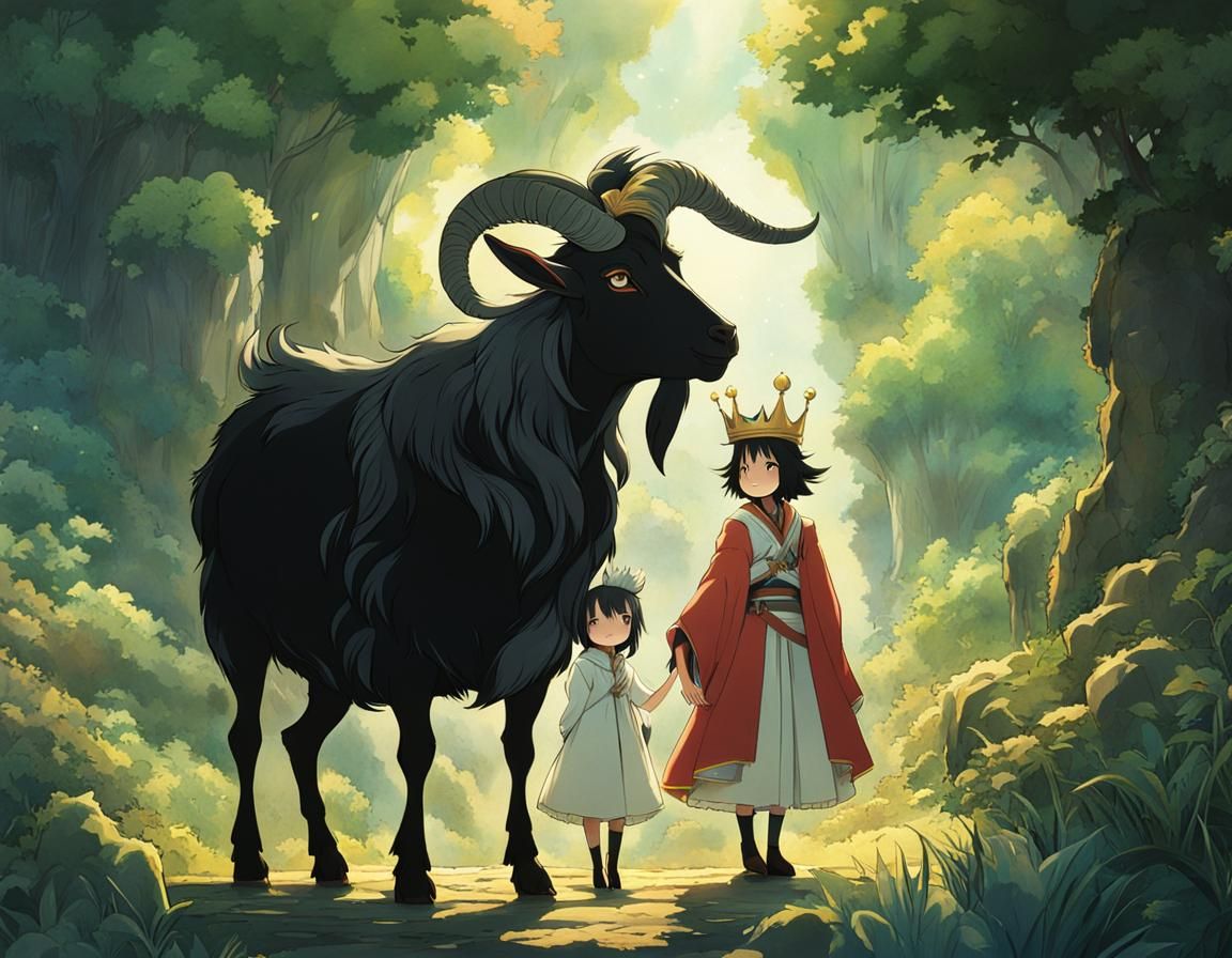 Black Goat with Royalty: Ghibli-Style Illustration