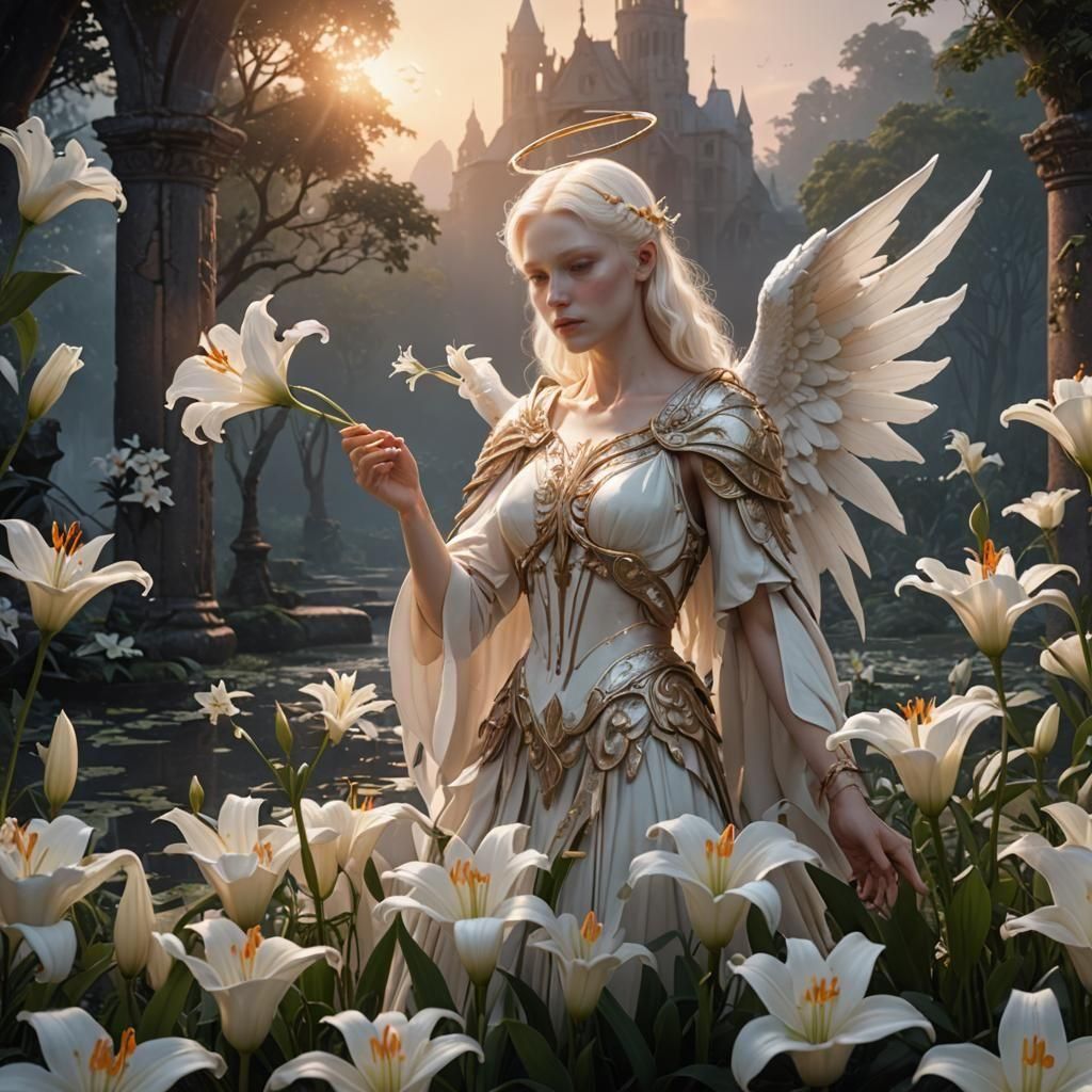 Albino Angel Gathering Lilies at Dawn