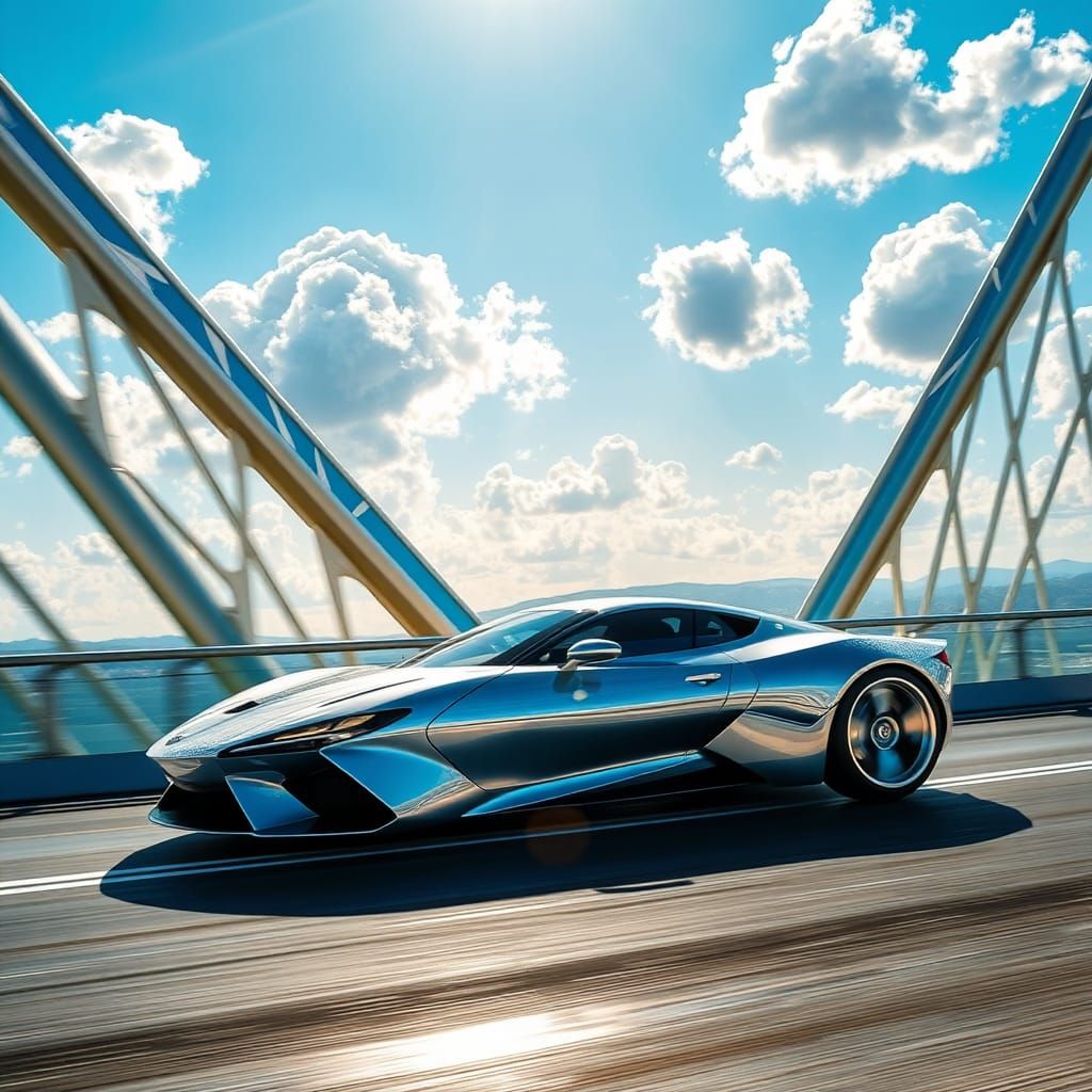 Sleek Silver Sports Car on Futuristic Bridge