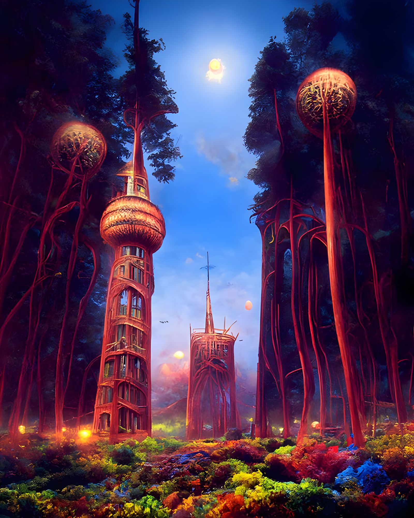 Sci-Fi City in Mystical Woods, Digital Illustration