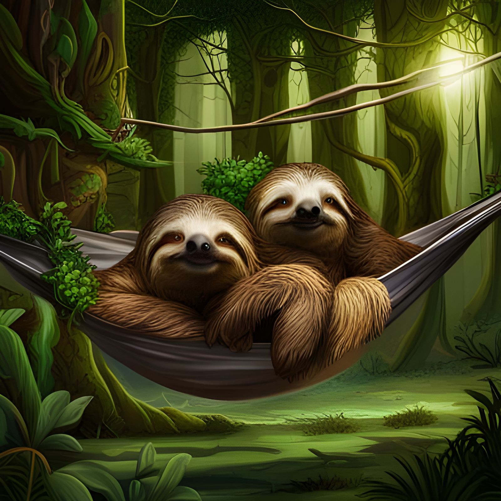 Mossy Sloths Napping in Hammock: Digital Matte Painting