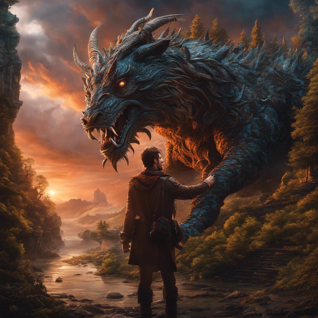 Selfie with Mythical Creature Epic cinematic brilliant stunning intricate meticulously detailed dramatic atmospheric max...