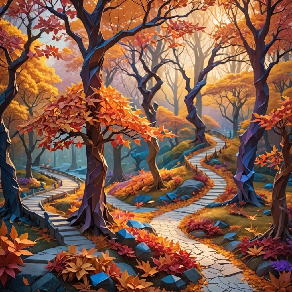 Magical Fall Tree with Origami Leaves, Fantasy Art