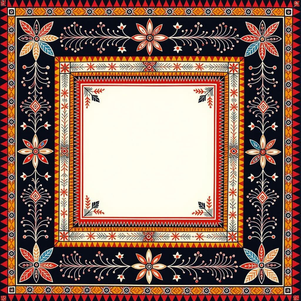 Warli Fire Frame with Tribal Motifs and Geometric Shapes