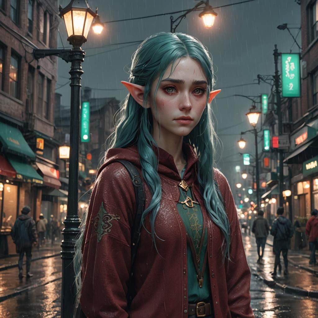 Rain-Soaked Elf Girl in Cityscape, 3D Anime Art