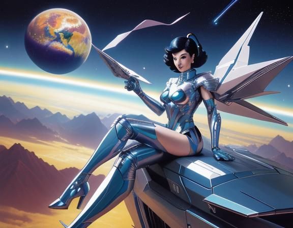 Cyberpunk Dragon Rider in Retro Sci-Fi Landscape