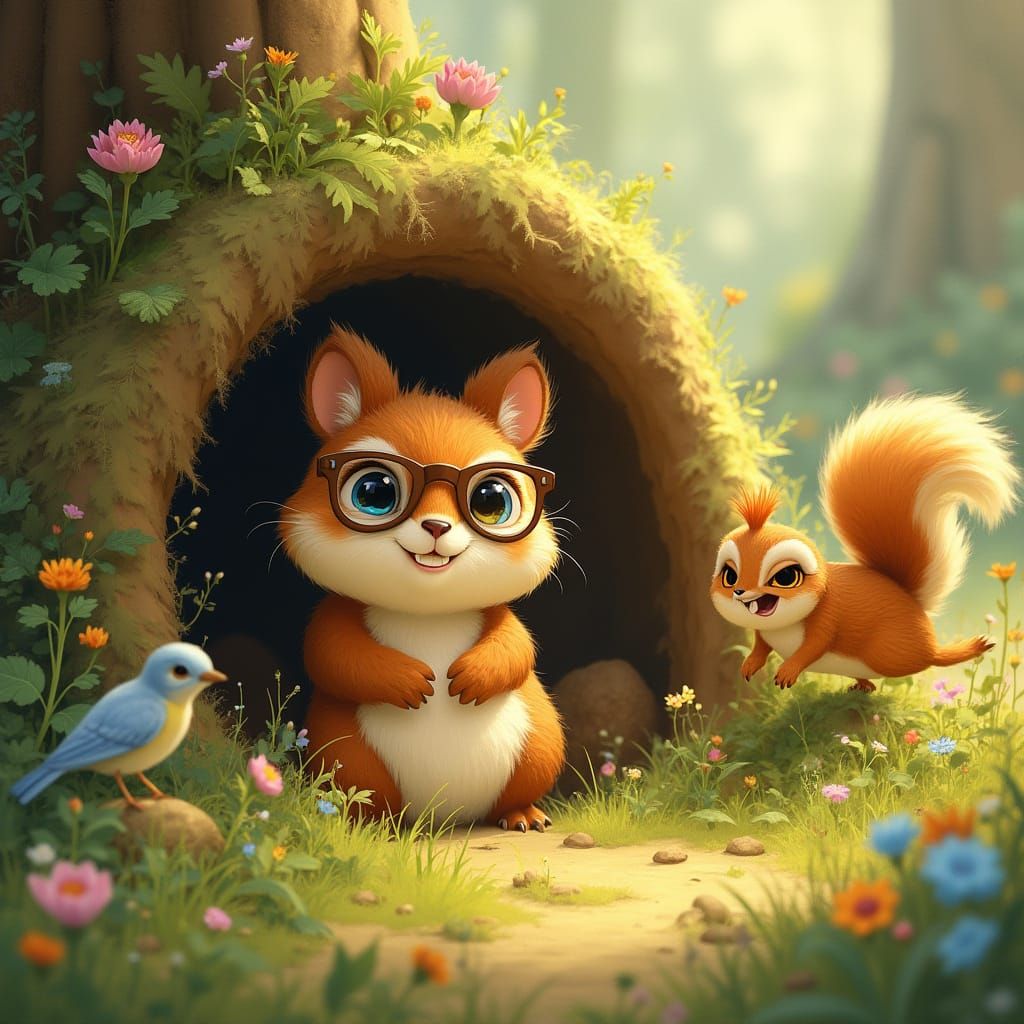 Whimsical Burrow Creature and Wise Owl