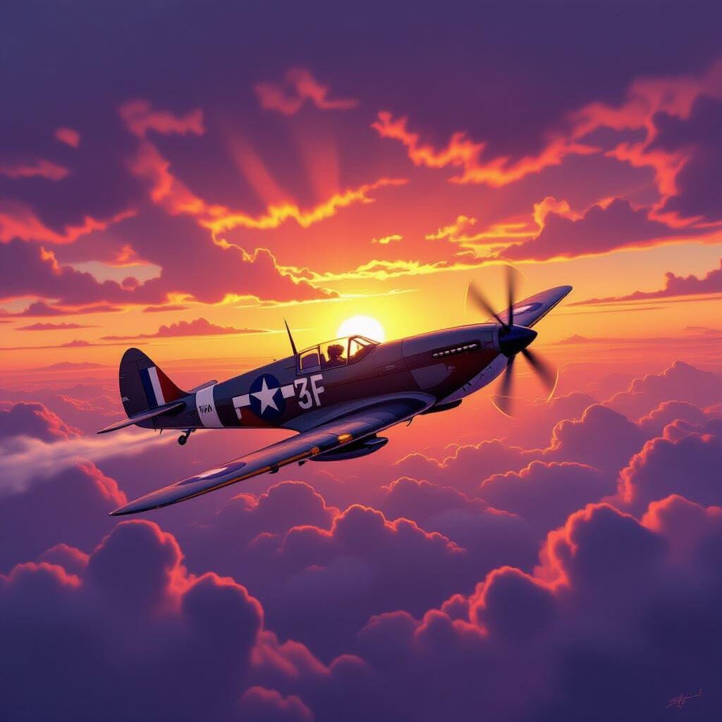 WWII Fighter Plane Soaring at Sunset