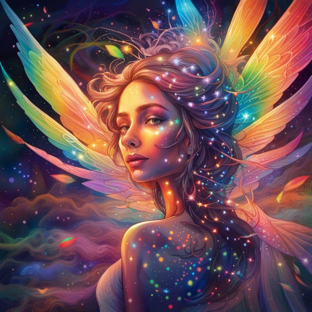 Fairy in Flight with Rainbow Trail