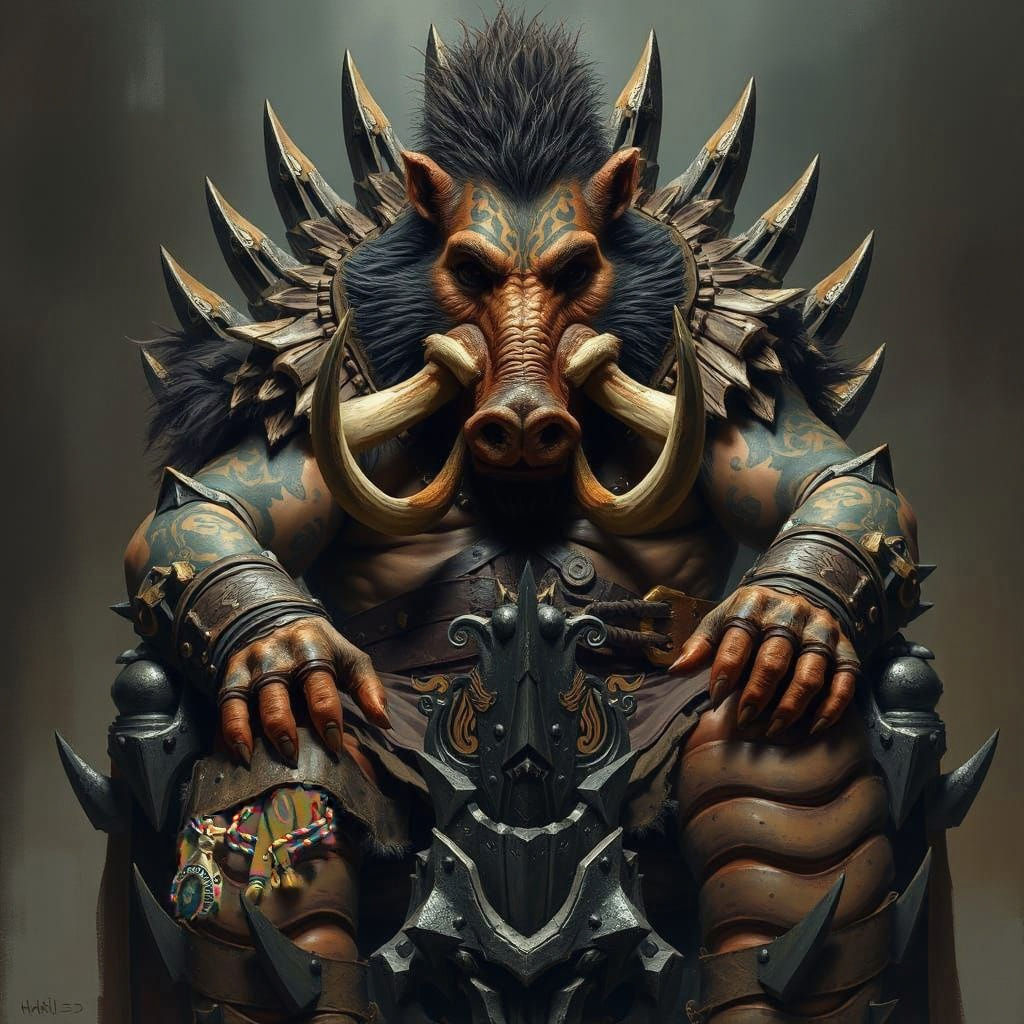 Brooding Boar-Man Chieftain on Iron Throne