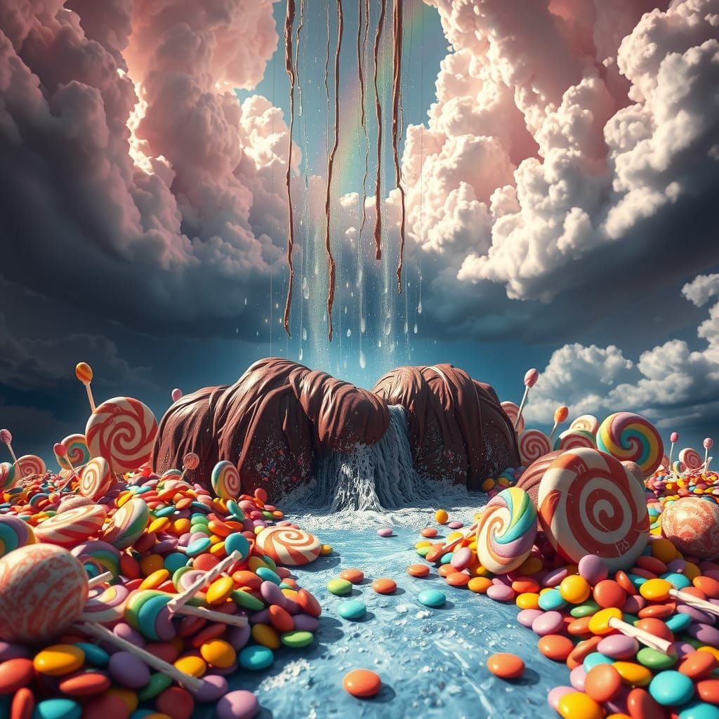 Dramatic Chocolate Waterfall in Candy Landscape