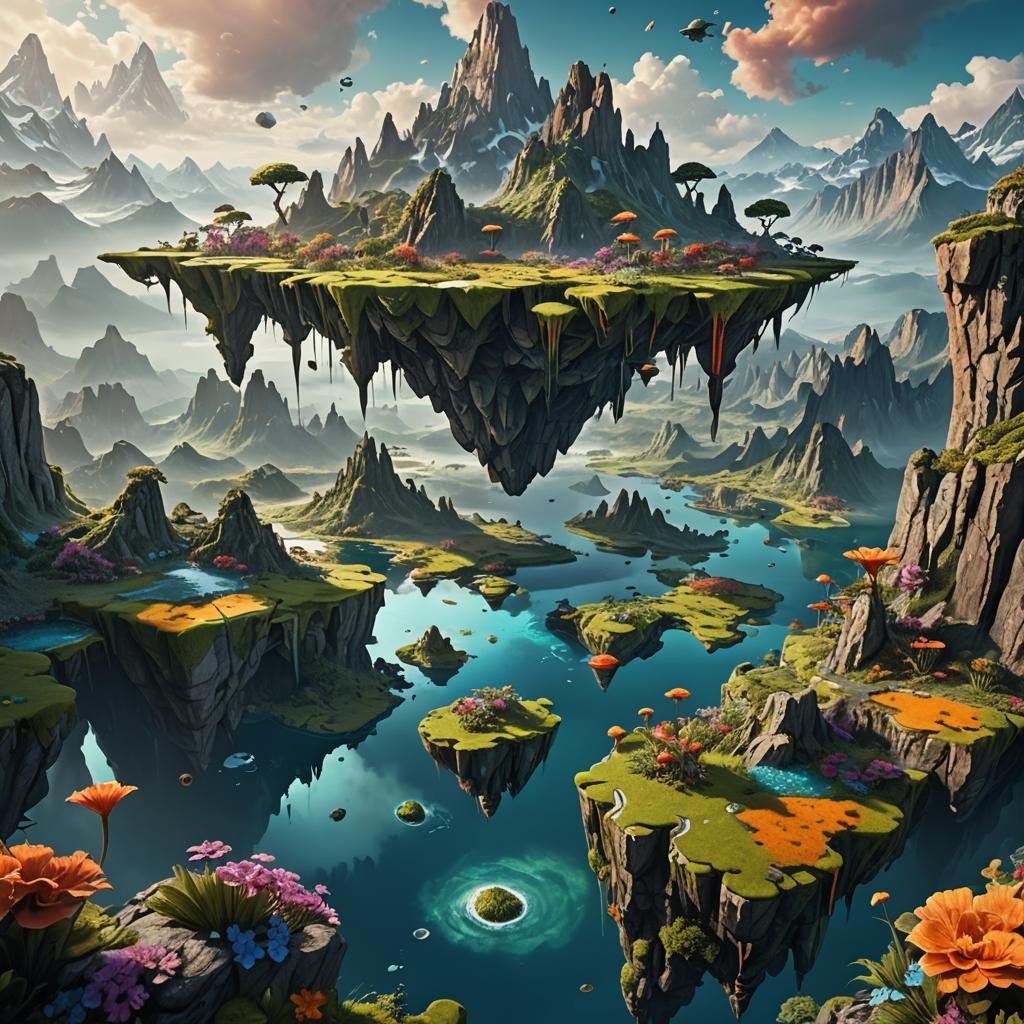 Surreal Landscape with Floating Islands, Hyperrealistic