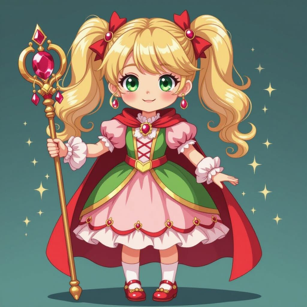 Girl with Pigtails, Ruby Shoes, and Golden Staff