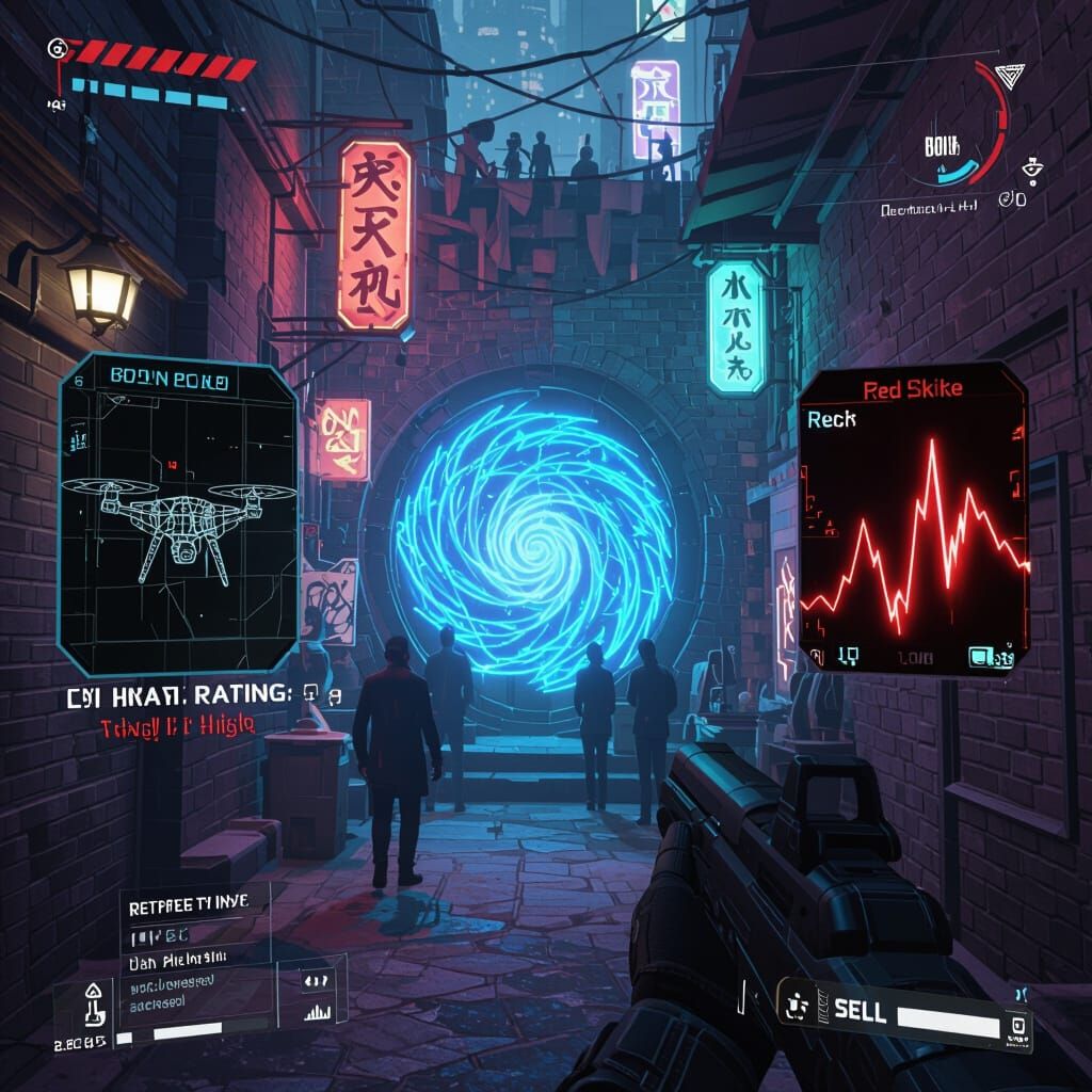 Cyberpunk POV: Neon Souk Alleyway with HUD