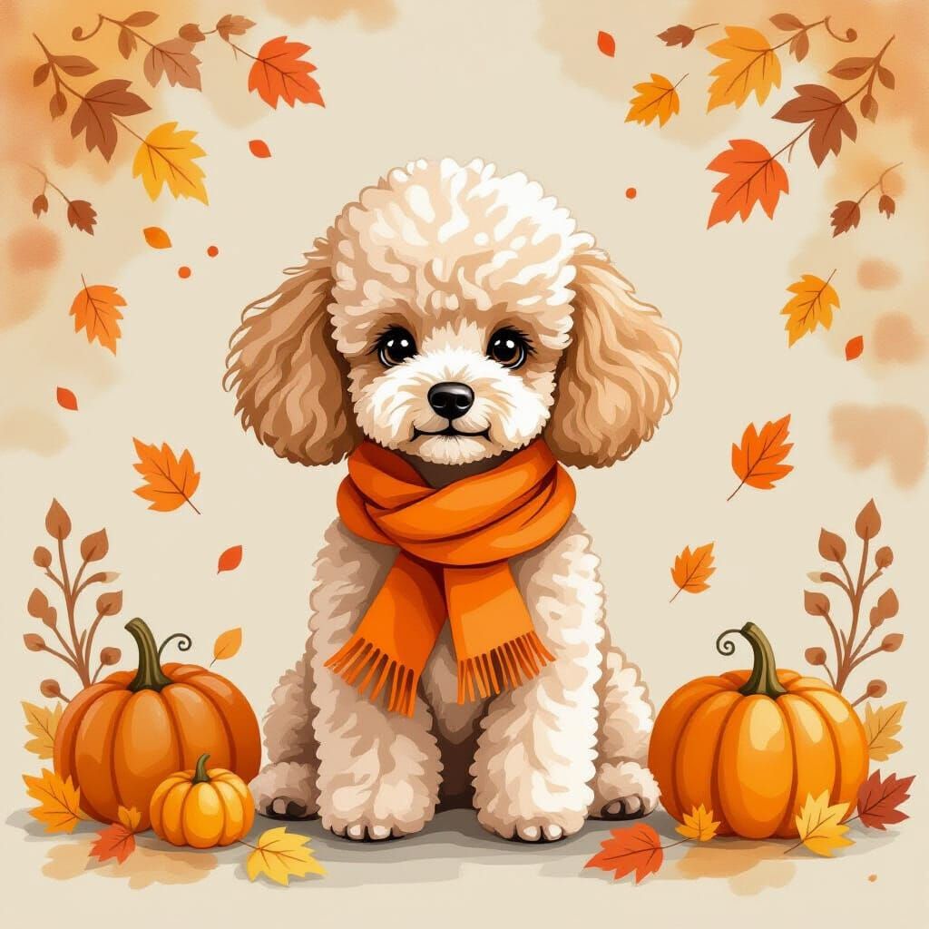 Whimsical Watercolor Poodle in Autumn Landscape