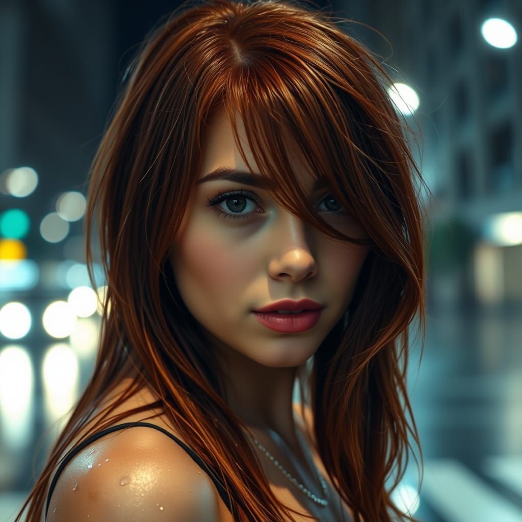 Alluring Woman in Rain at Night City Street